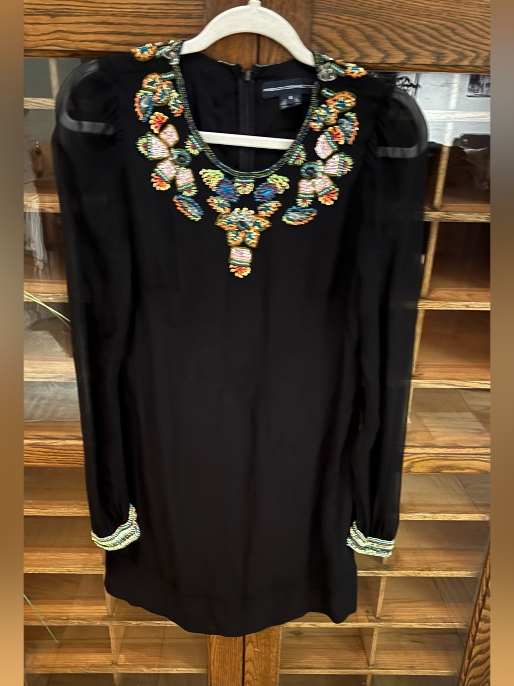 French Connection Black Long-Sleeve Mini Dress with Multicolor Beadwork